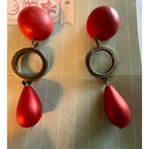 Red and silver metal pierced earrings 3” long